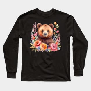 A brown bear decorated with beautiful watercolor flowers Long Sleeve T-Shirt